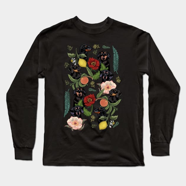 Botanical and Black Dachshund Long Sleeve T-Shirt by huebucket